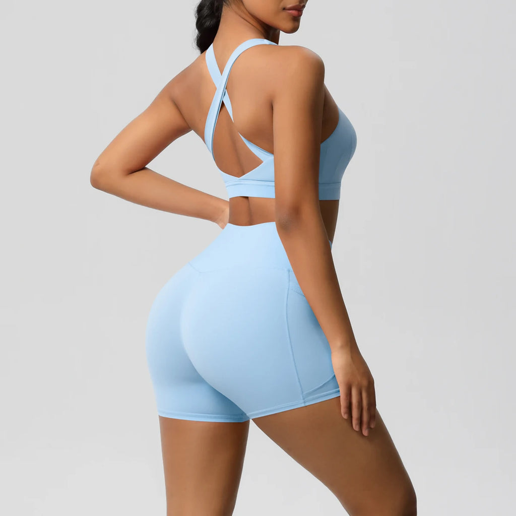 Ropa deportiva con bolsillo para mujer, conjunto de Yoga, ropa de gimnasio, trajes de Yoga para mujer, chándales, pantalones cortos deportivos, sujetador cruzado, mallas de gimnasio, 2 uds.