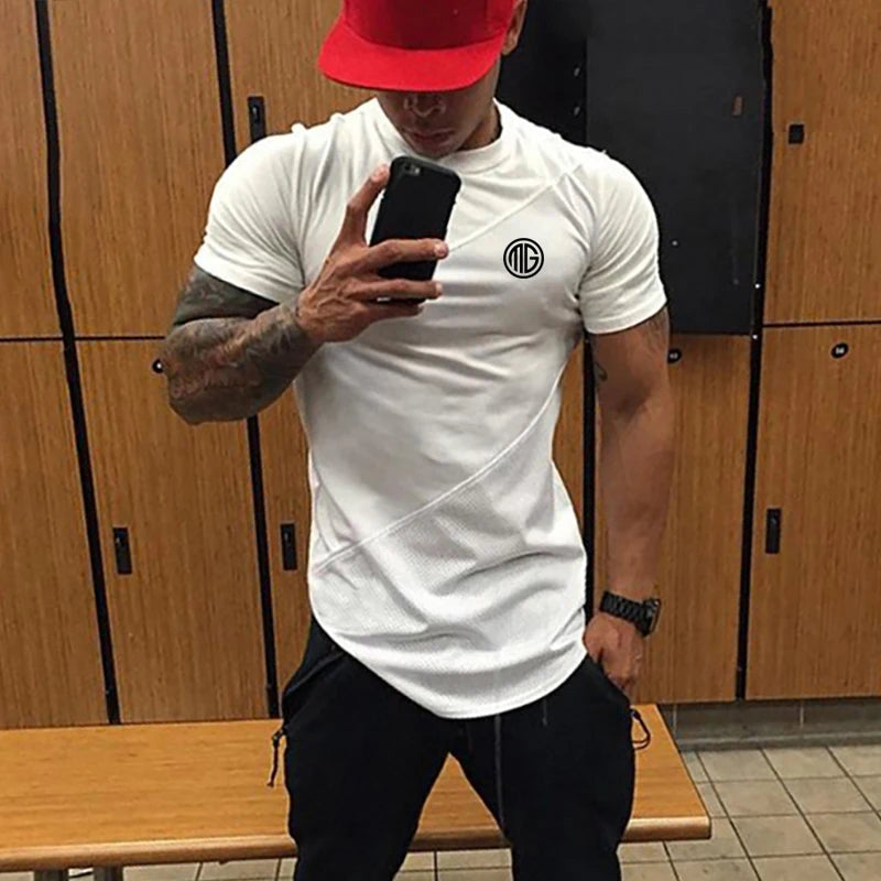 Camiseta musculosa para hombre, camisetas para gimnasio, culturismo, Fitness, Tops de algodón de retales, camiseta ajustada de malla, Camiseta deportiva de algodón de manga corta