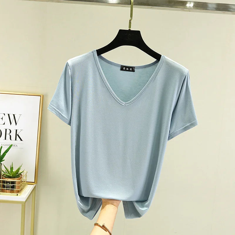 Camiseta de Modal con cuello en V para mujer, camisetas de fondo fino, camisetas holgadas de talla grande, ropa de calle, Top básico