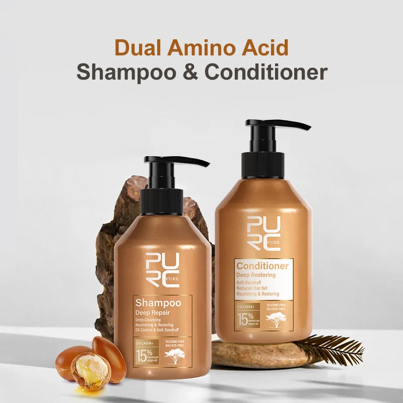 PURC-tratamiento para el cabello dañado, aceite de argán marroquí, aminoácido, queratina, suavizante, champú sin sulfato, acondicionador, juego de cabello para coche