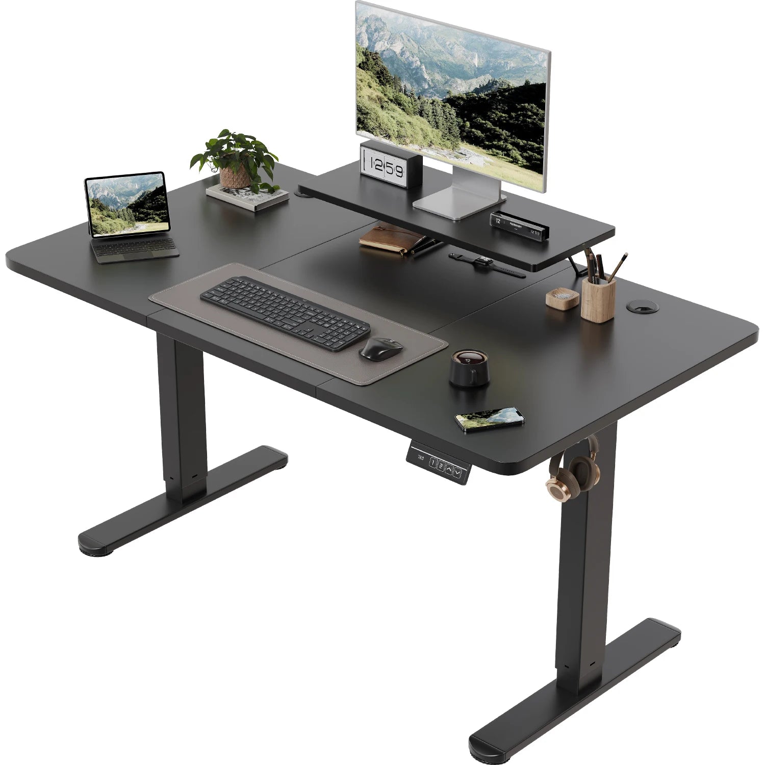 Devoko Escritorio eléctrico de altura ajustable 120 × 60 cm con soporte para monitor Asiento ergonómico Escritorio de pie (blanco)
