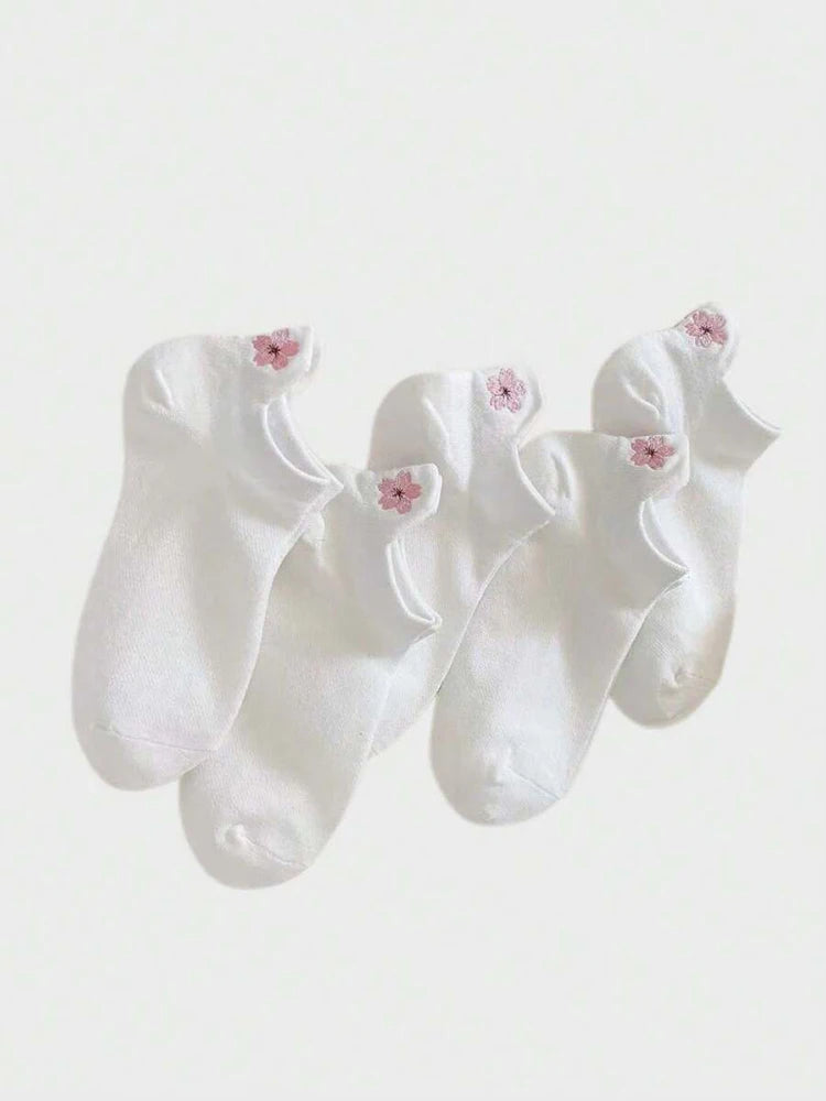 5 pares de calcetines cortos de dibujos animados para mujer, calcetines bonitos y versátiles a la moda con patrón de flores, calcetines transpirables suaves e informales que absorben el sudor