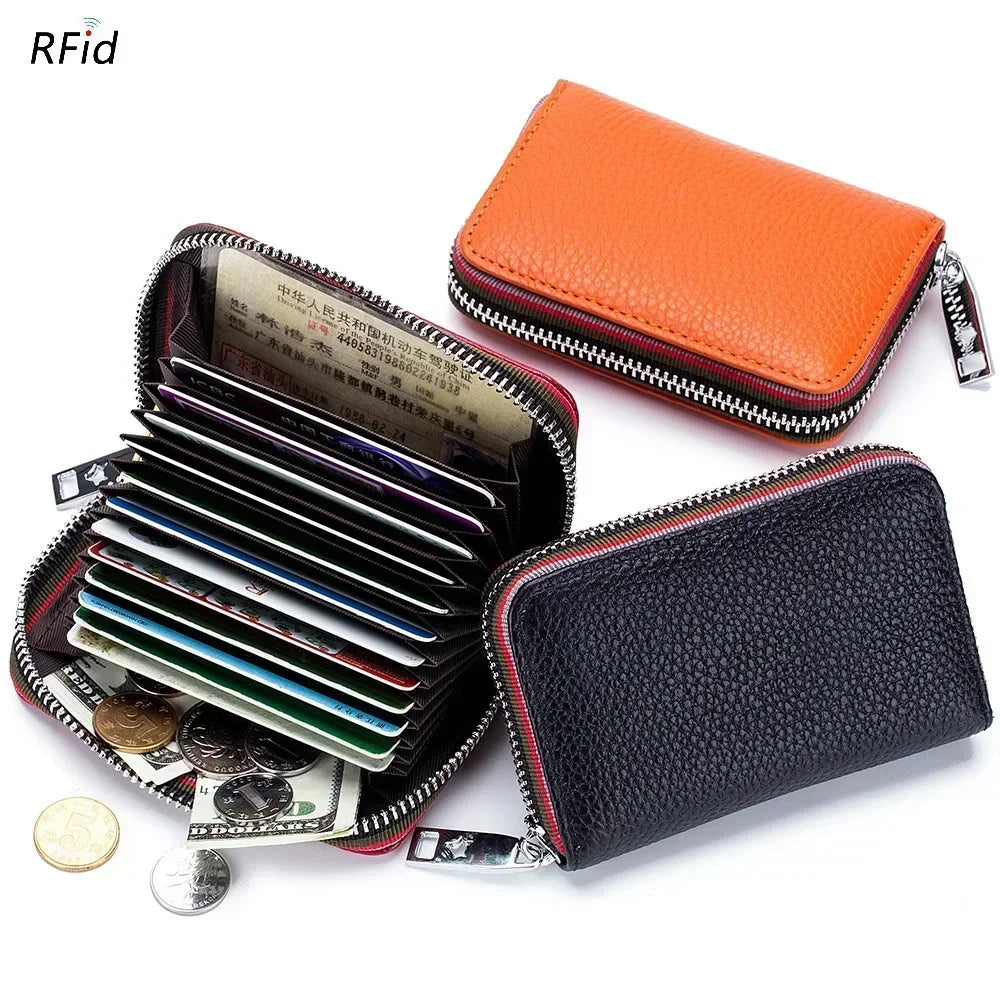 Tarjetero de cuero genuino para hombre y mujer, cartera pequeña con cremallera, monedero sólido, diseño de acordeón, identificación Rfid, bolsas para tarjetas de crédito comerciales