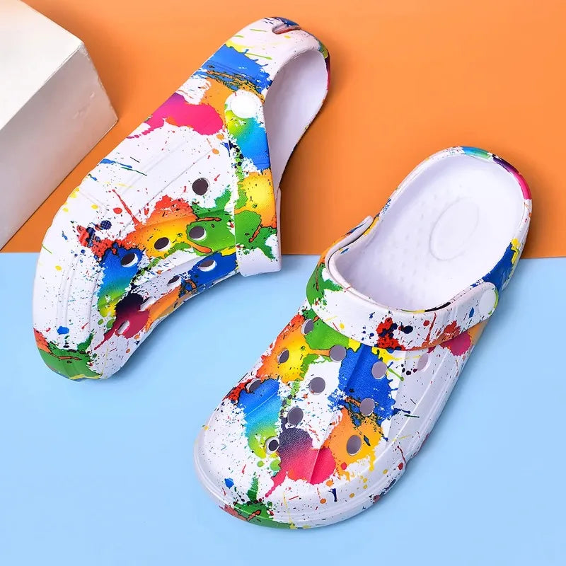 Zuecos coloridos para hombres y mujeres, sandalias, zapatillas, patrón de inyección de tinta, cojín de aire, sandalias de playa transpirables, suela gruesa para exteriores