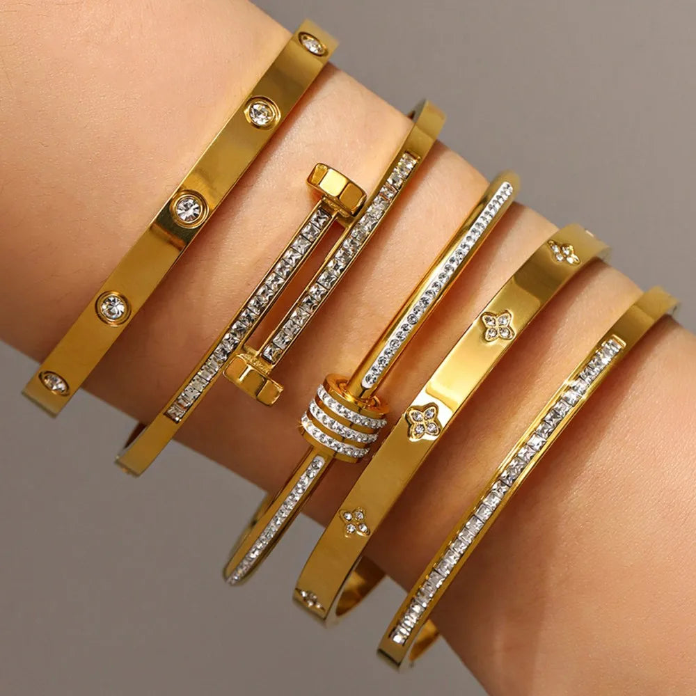 Pulsera apilable de acero de titanio para parejas, brazaletes de acero inoxidable con circonitas brillantes, color dorado, regalo de joyería para mujer
