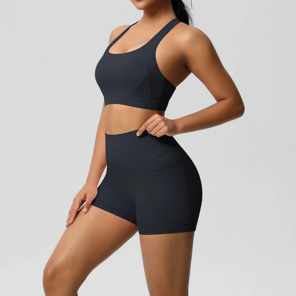 Ropa deportiva con bolsillo para mujer, conjunto de Yoga, ropa de gimnasio, trajes de Yoga para mujer, chándales, pantalones cortos deportivos, sujetador cruzado, mallas de gimnasio, 2 uds.
