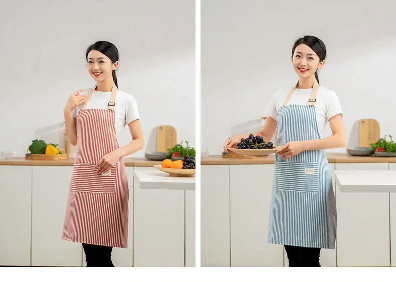 Delantal de lino a rayas para el hogar, sin mangas, cuello colgante, elasticidad ajustable, cocina, jardinería, delantal de estilo japonés nuevo