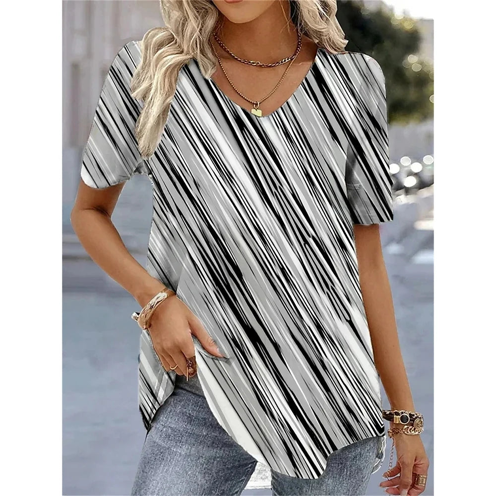 Camiseta con cuello en V para mujer, camiseta de manga corta con estampado 3D, camiseta informal holgada en blanco y negro, ropa de calle a la moda, jersey para mujer