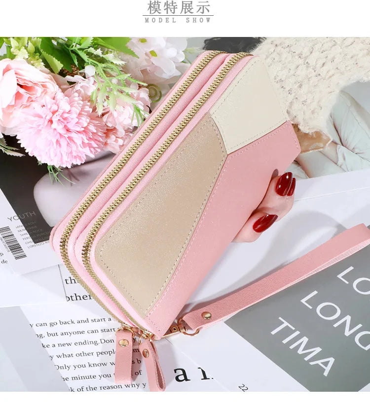 Cartera larga para mujer, monederos con borlas, tarjetero, billeteras con doble cremallera, bolso de mano de cuero Pu, bolso de lujo para dinero y teléfono