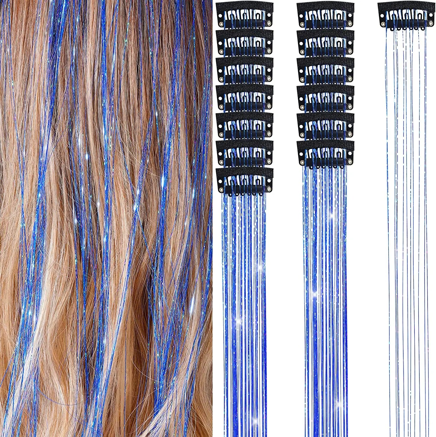 6 uds 50cm chispeantes pelo brillante oropel extensiones de cabello oropel extensiones de Clip de pelo sintético mujeres para tocado trenzado