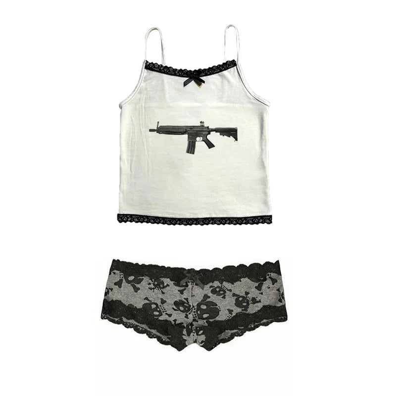 Rock Gothic Y2k Lace Tank Top Gun Harajuku Graphic Print Streetwear Sleeveless Top Punk Retro Sling Spicy Girls Hip Hop Crop top