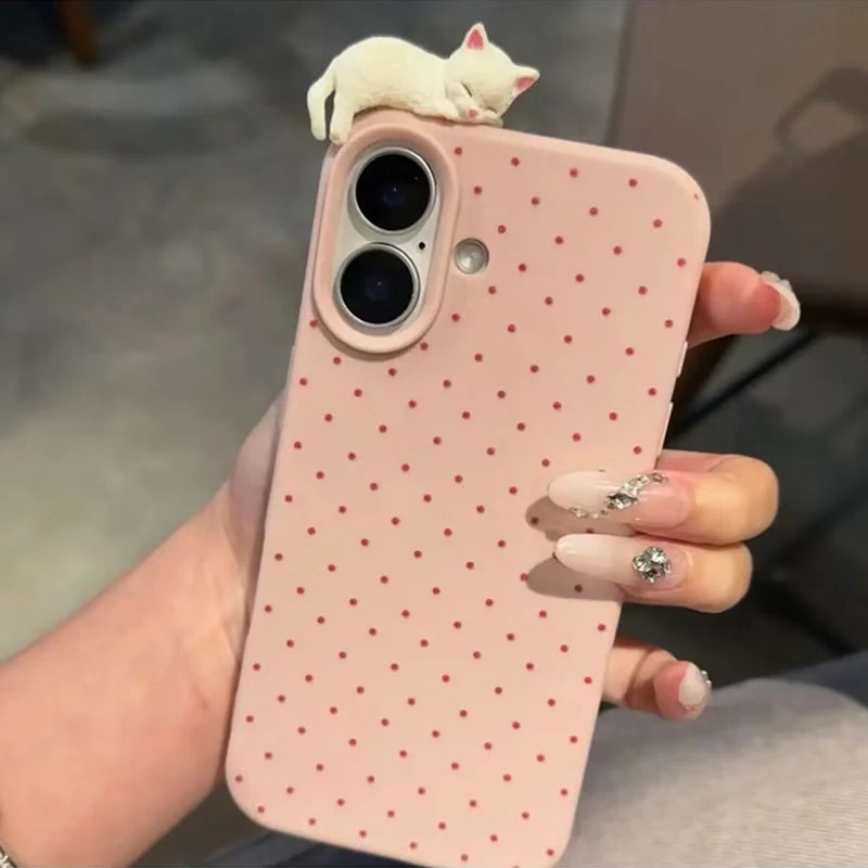 Funda de teléfono suave con diseño de lunares encantadores de Corea para iPhone 17 16 15 14 13 12 Pro Max Plus X funda a prueba de golpes con bonito gato de dibujos animados 3D