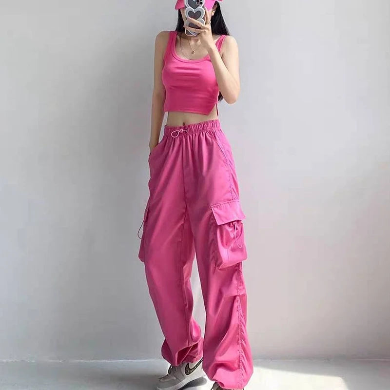 New In Women's Sweatpants Casual Matching Wide Leg Pant Chic Sportswear Loose Cargo Pants Drawstring Joggers Baggy Streetwear