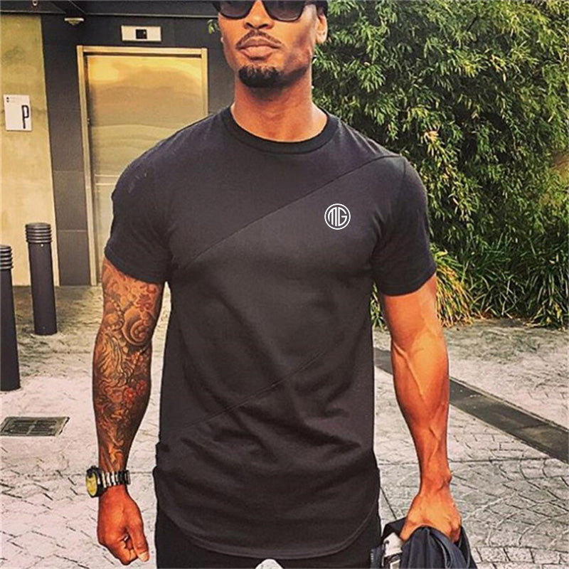Camiseta musculosa para hombre, camisetas para gimnasio, culturismo, Fitness, Tops de algodón de retales, camiseta ajustada de malla, Camiseta deportiva de algodón de manga corta