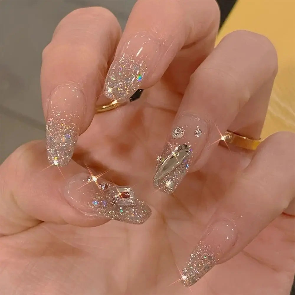 24 Uñas Postizas Degradadas Francesas Estilo Bailarina, Resistentes al Agua, Forma Ataúd Mediano, Uñas Falsas, Puntas de Uñas a Presión