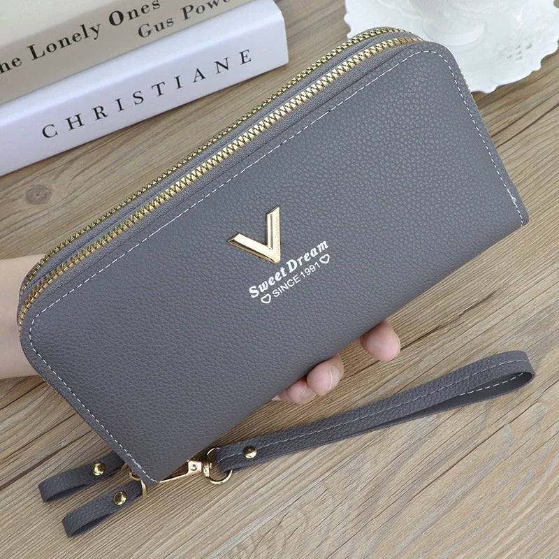 Cartera larga con doble cremallera para mujer, tarjetero de gran capacidad de cuero PU, bolso de mano con bolsillo para teléfono