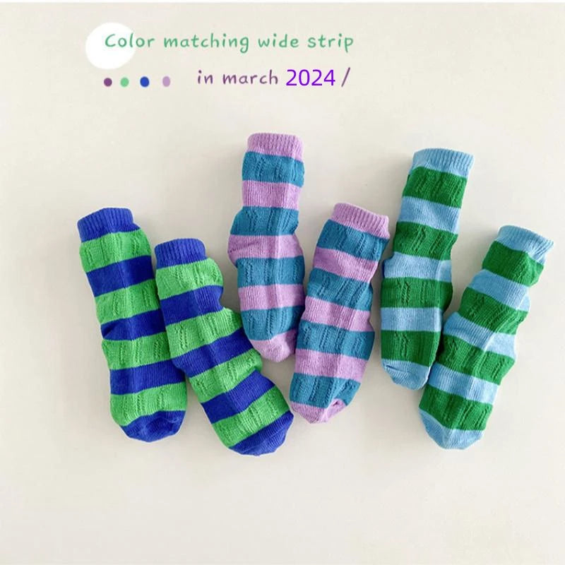 Horetong, 3 par/lote, calcetines de verano para niños de 1 a 12 años, calcetines de algodón a la moda para bebés, calcetines transpirables a rayas con contraste de colores