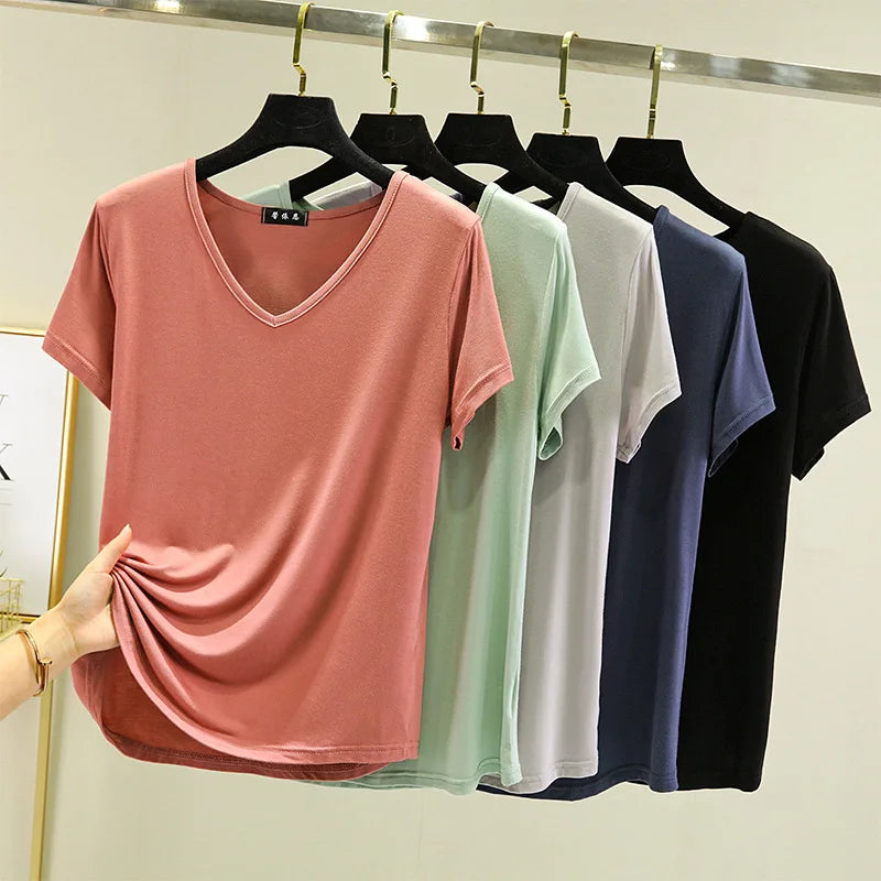 Camiseta de Modal con cuello en V para mujer, camisetas de fondo fino, camisetas holgadas de talla grande, ropa de calle, Top básico