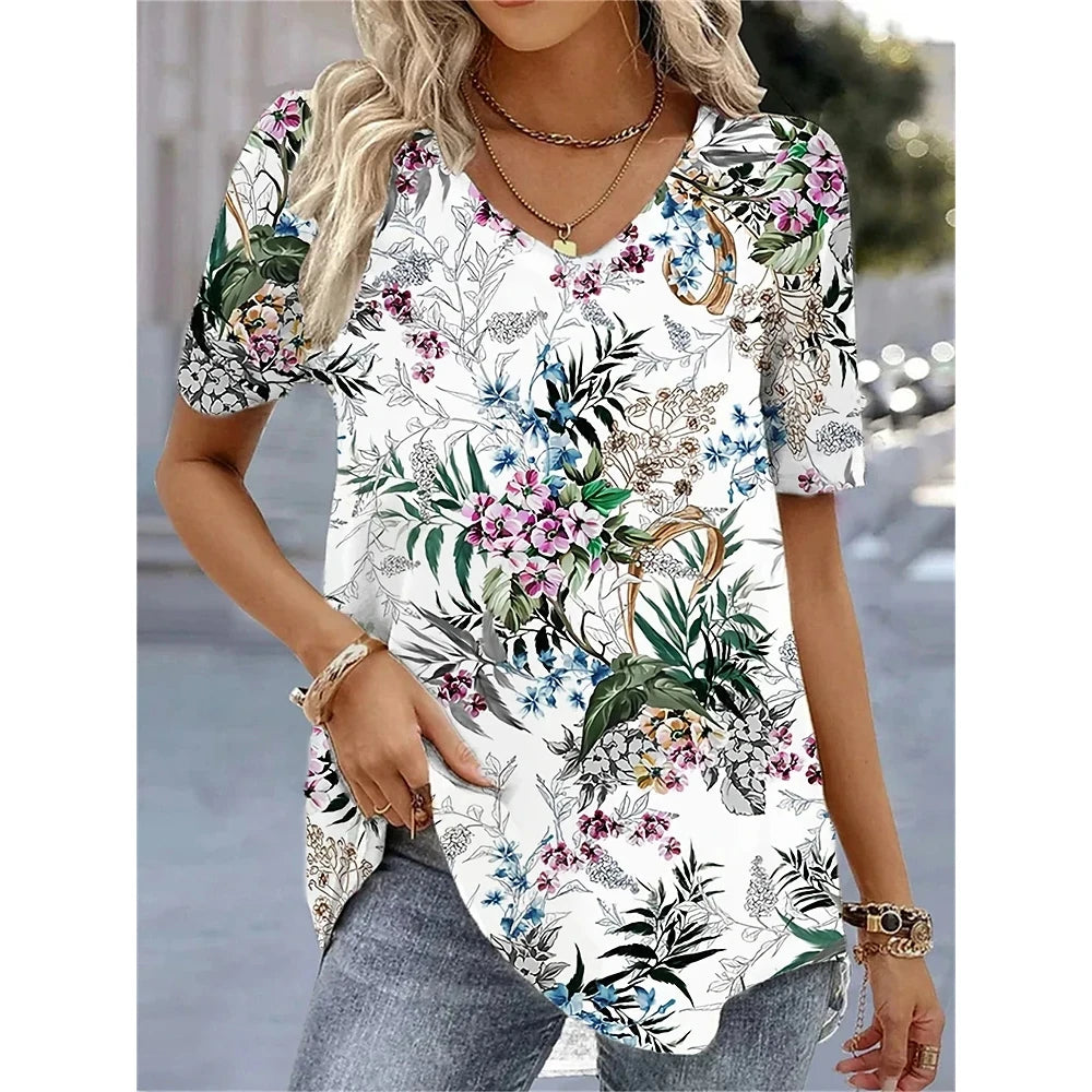 Camiseta con cuello en V para mujer, camiseta de manga corta con estampado 3D, camiseta informal holgada en blanco y negro, ropa de calle a la moda, jersey para mujer