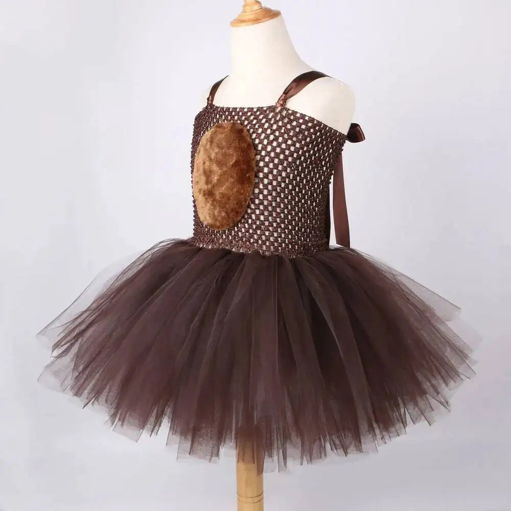 Vestido tutú de oso marrón para niñas, disfraz de Animal de Halloween, traje de Navidad y cumpleaños para niños, ropa para niños con orejas y cola de lazo