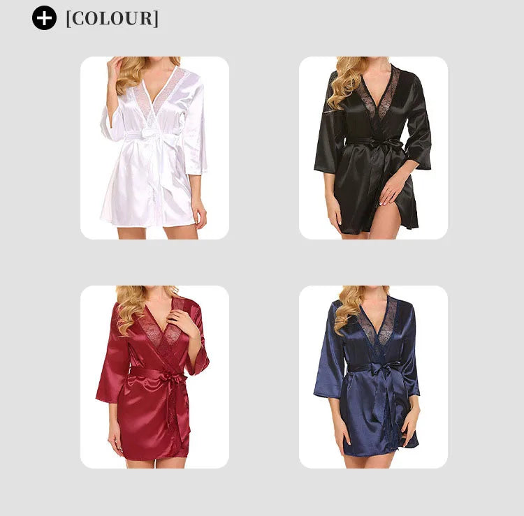 Bata de satén de encaje Sexy para mujer, ropa de dormir, camisón corto, Kimono, albornoz, lencería, camisón, vestido suave y cómodo negro de talla grande