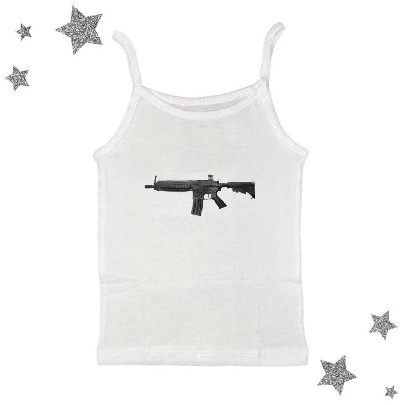 Rock Gothic Y2k Lace Tank Top Gun Harajuku Graphic Print Streetwear Sleeveless Top Punk Retro Sling Spicy Girls Hip Hop Crop top
