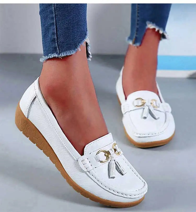 Zapatos de Mujer, mocasines de enfermera, Zapatos planos clásicos, Zapatos planos cómodos para Mujer, calzado informal de cuero blanco para Mujer