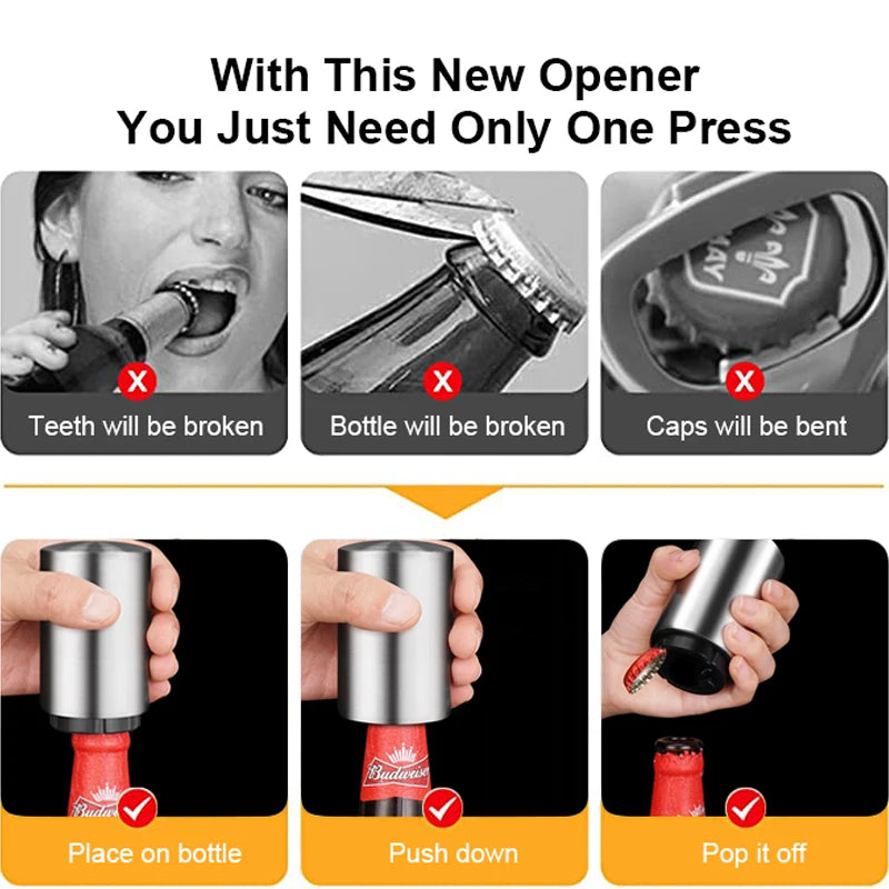 Abridor automático de botellas de cerveza de acero inoxidable, tapa de empuje sin curvatura, fácil de abrir para botellas de vidrio de cerveza y refresco, abridor de cocina