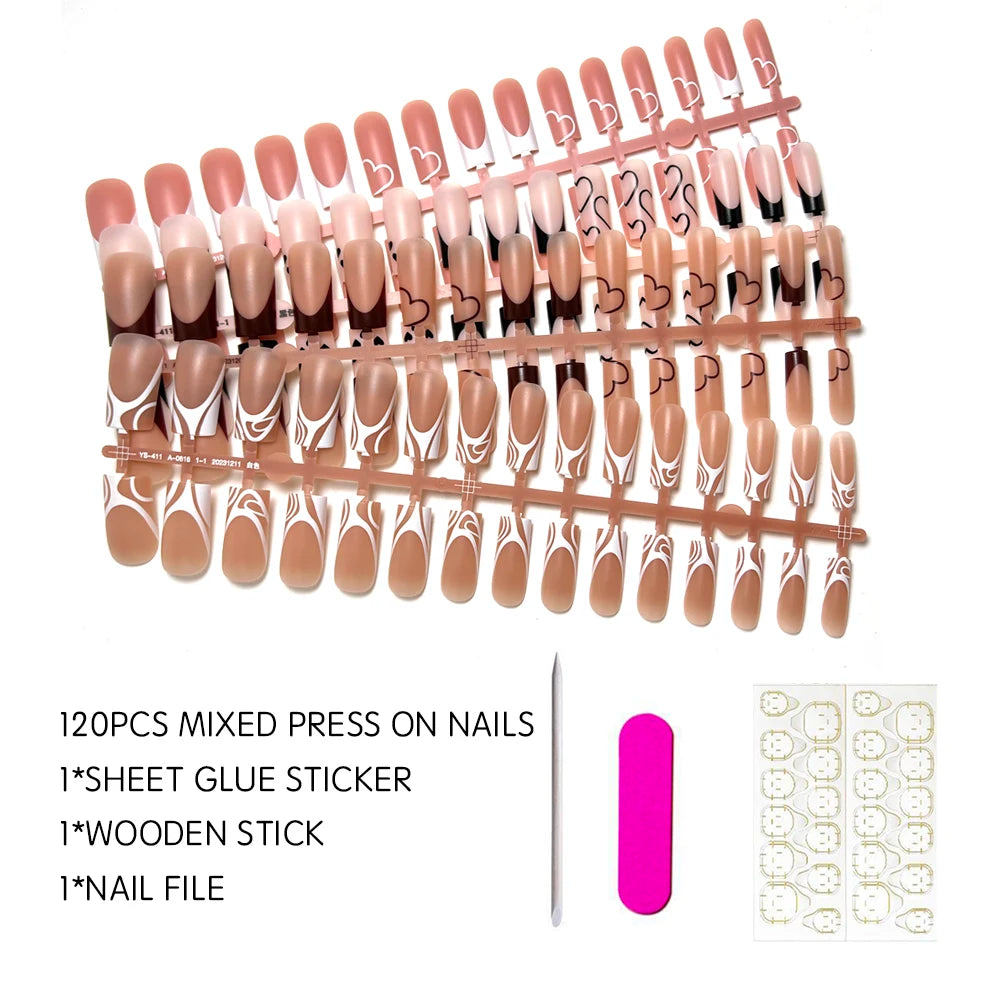 120 Uds. De uñas postizas francesas cuadradas medianas, colores Base marrón y rosa, puntas de uñas de Gel falsas mate aptas para mujeres y niñas, uñas postizas acrílicas