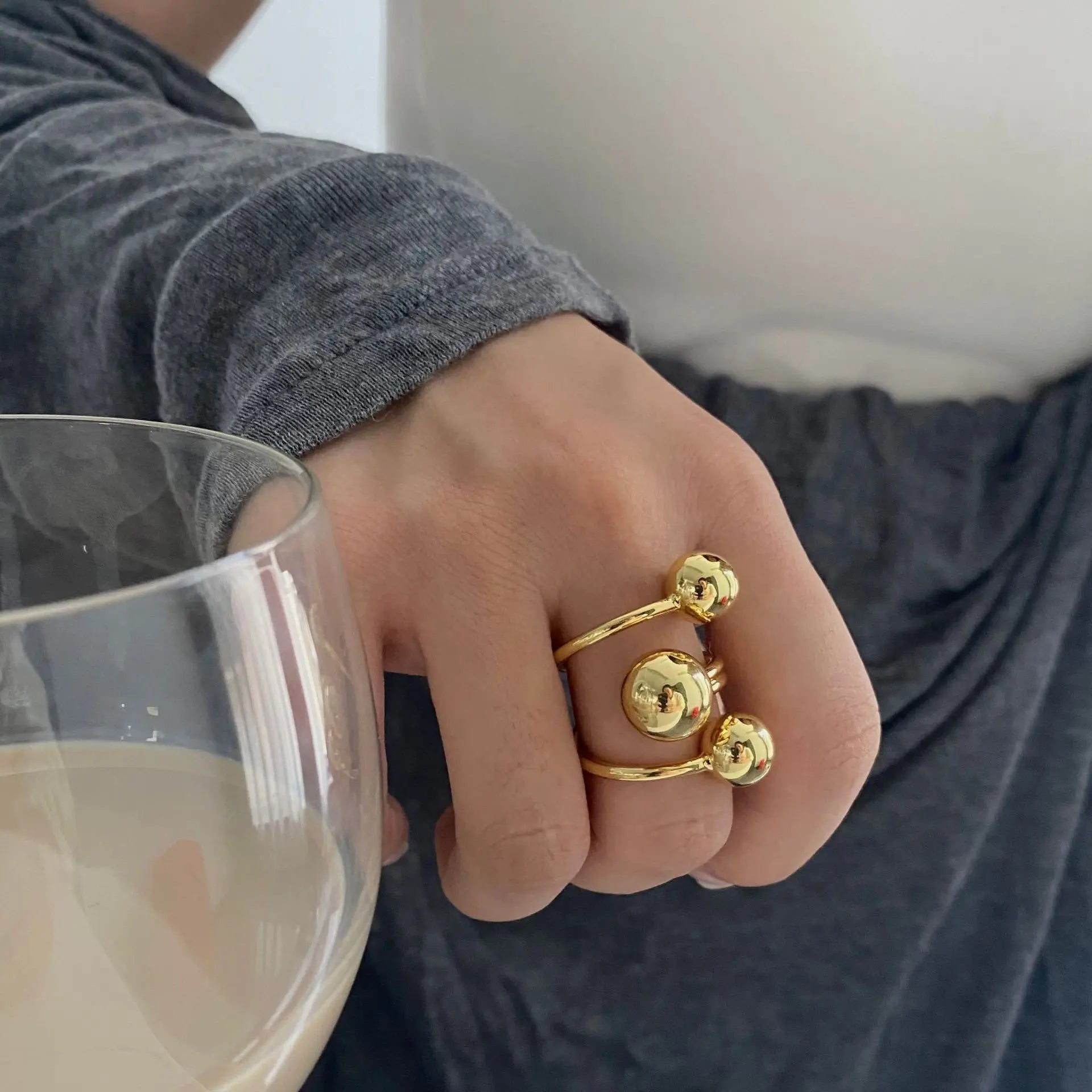 Anillos con forma de bola de diseño Irregular de tres capas con personalidad de Metal Punk exagerada para mujer, anillos ajustables simples a la moda, regalo