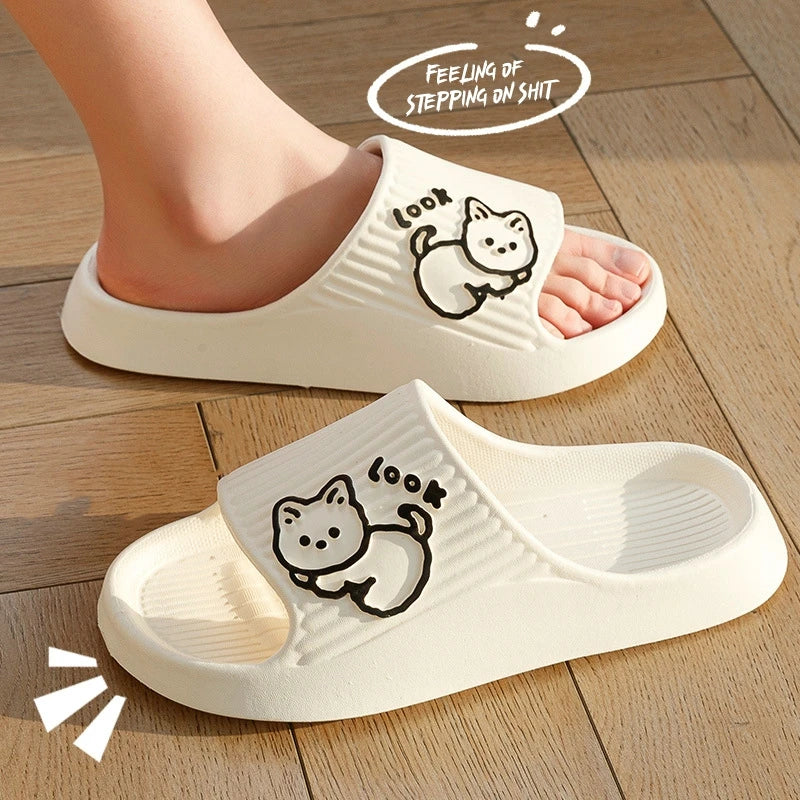Zapatillas de baño con plataforma gruesa para mujer, chanclas antideslizantes de dibujos animados de gato, sandalias de playa de verano, zapatos de interior, 2023