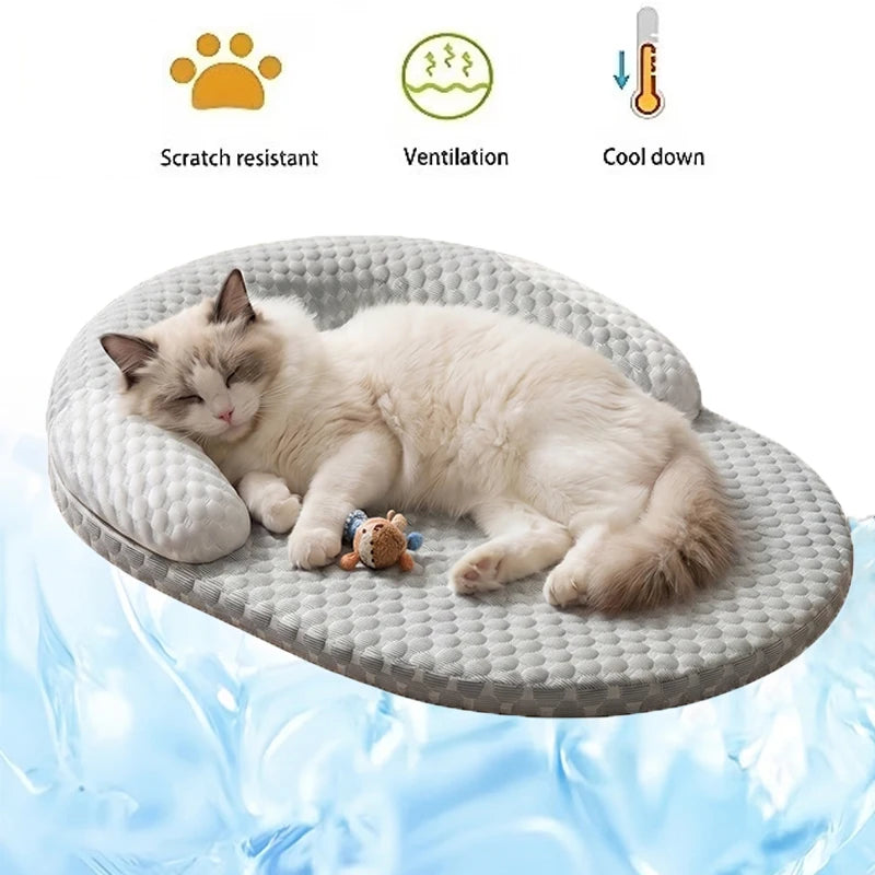 Cama refrescante para perros, colchoneta de seda helada para gatos, nido ovalado para mascotas, almohadilla transpirable de disipación de calor para perros pequeños, medianos y grandes, y gatos.