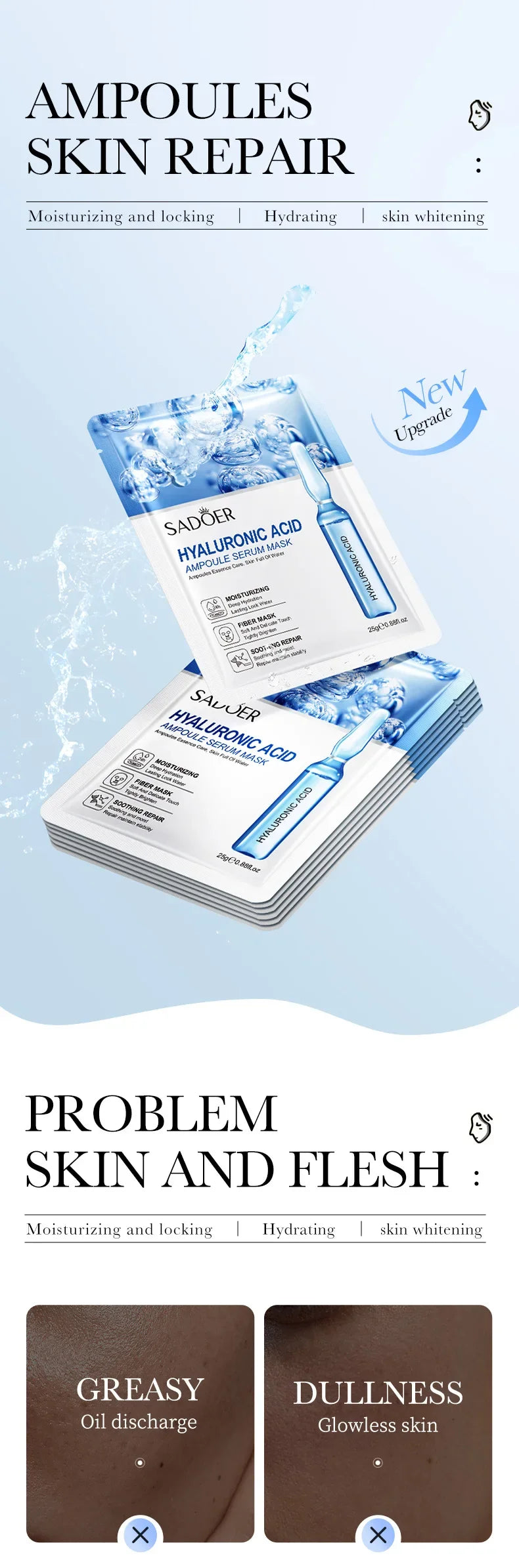 10 Uds SAODER máscaras faciales de ácido hialurónico cuidado de la piel reafirmante mascarilla Facial hidratante productos para el cuidado de la piel Facial