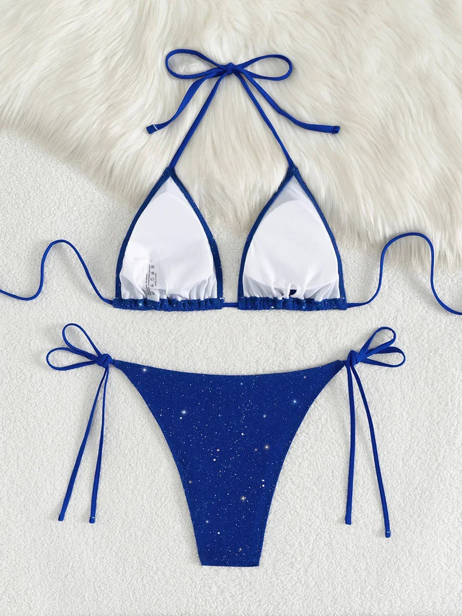 Bikini brillante con tiras y cuello Halter, Bikinis de corte alto para mujer, traje de baño para mujer, conjunto de Bikini de dos piezas, traje de baño 2025