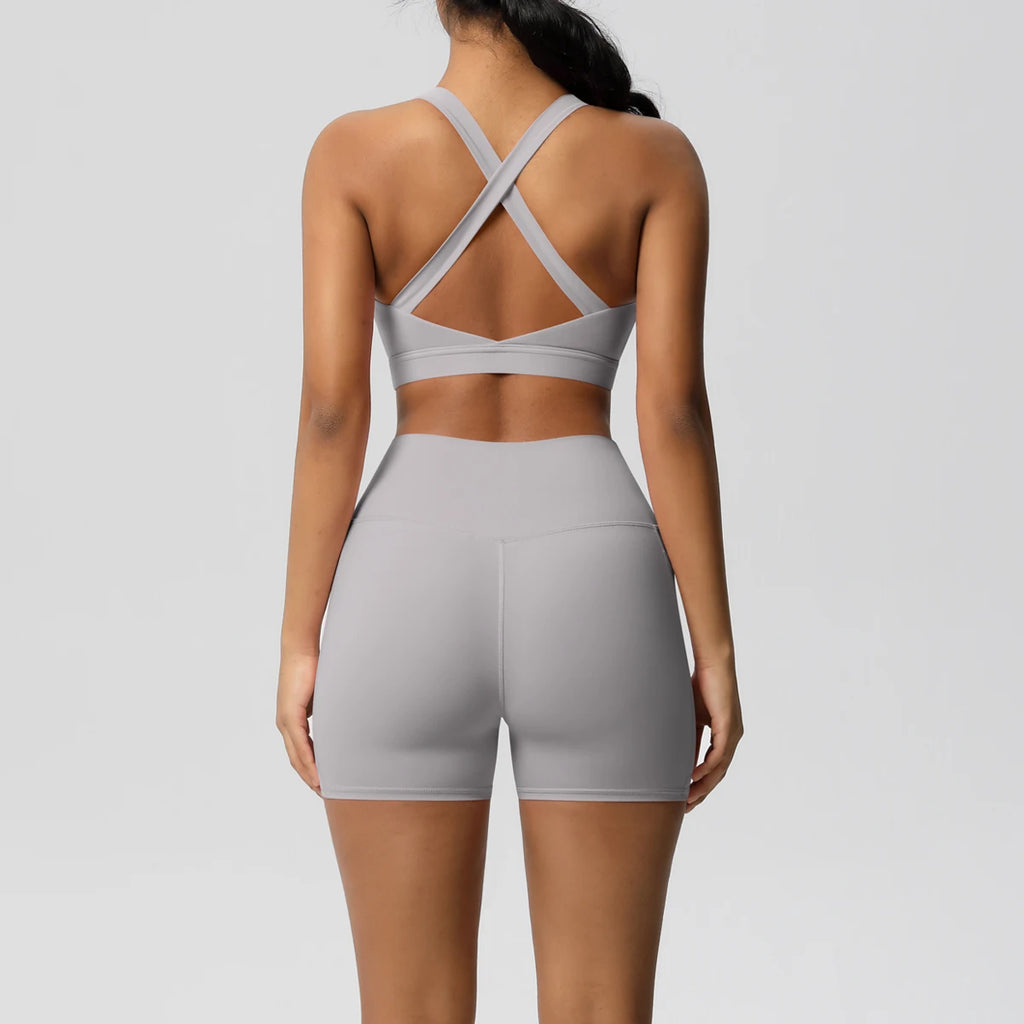 Ropa deportiva con bolsillo para mujer, conjunto de Yoga, ropa de gimnasio, trajes de Yoga para mujer, chándales, pantalones cortos deportivos, sujetador cruzado, mallas de gimnasio, 2 uds.