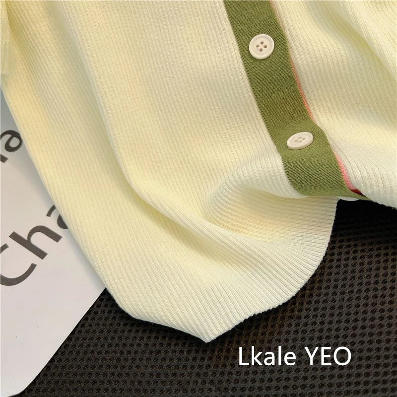 Primavera Verano 2025 diseño Sense Polo cuello mujer camiseta Casual cómoda Color contrastante Be All-match señoras Top de punto