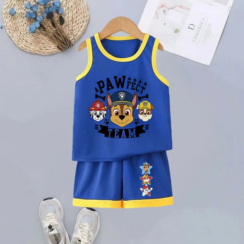 Conjuntos de ropa de malla de secado rápido con estampado de dibujos animados de la Patrulla Canina para niños, ropa de baloncesto para niños, conjunto de 2 piezas, conjunto de chaleco transpirable para niñas