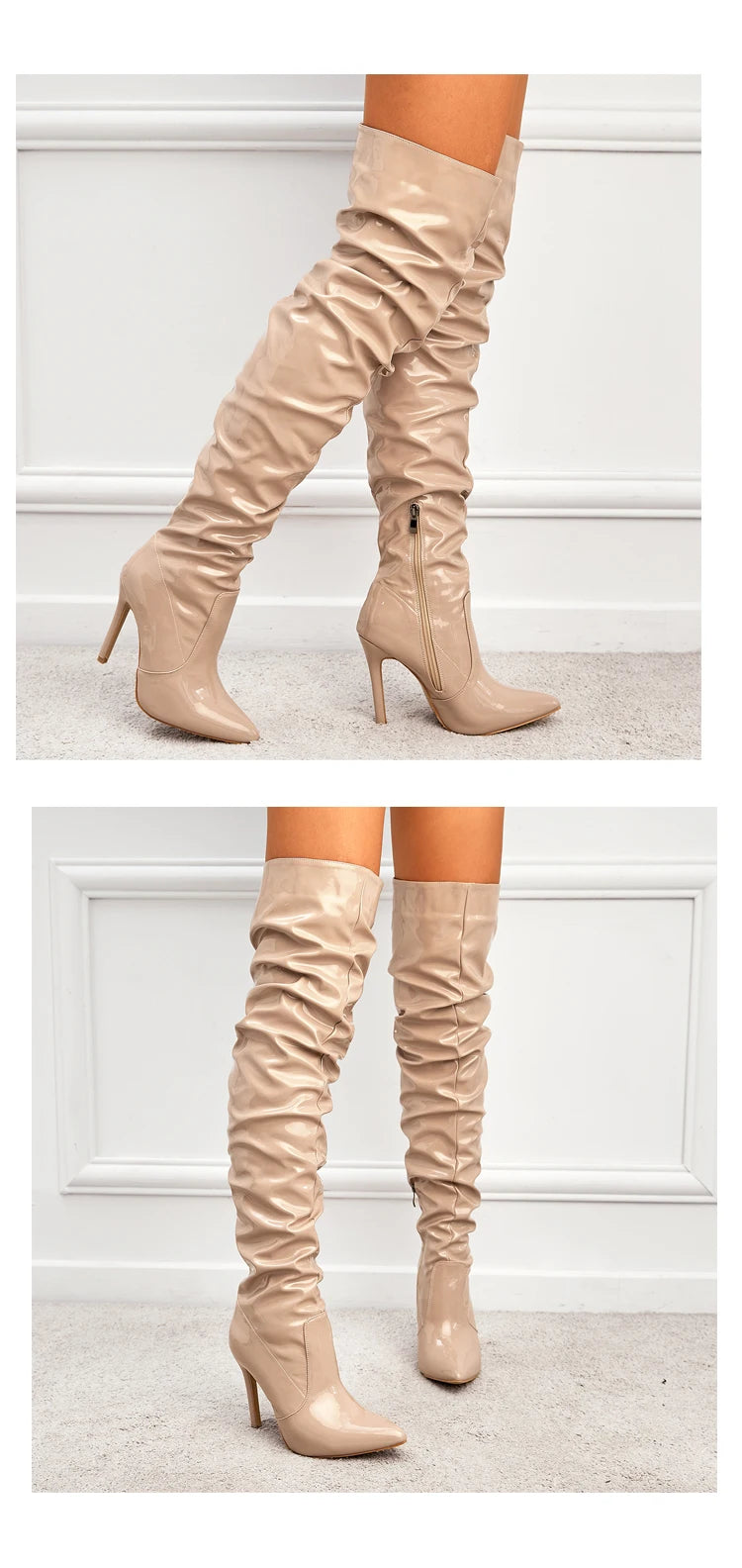 Eilyken-Botas por encima de la rodilla plisadas de charol para mujer, zapatos hasta el muslo con cremallera y punta estrecha, a la moda, alta calidad