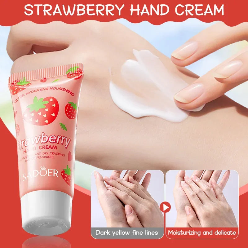 Crema nutritiva de fresa para manos, bálsamo labial, juegos de cuidado de la piel, hidratante, labios regordetes, lápiz labial de frutas, labios regordetes, cuidado de la piel de las manos