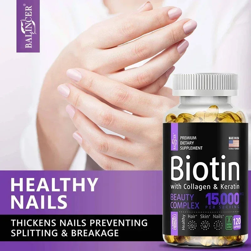 Suplemento de biotina - 15.000 Mcg con colágeno y queratina, vitaminas, cabello brillante, piel y uñas, salud de las articulaciones, 30/60/120 cápsulas