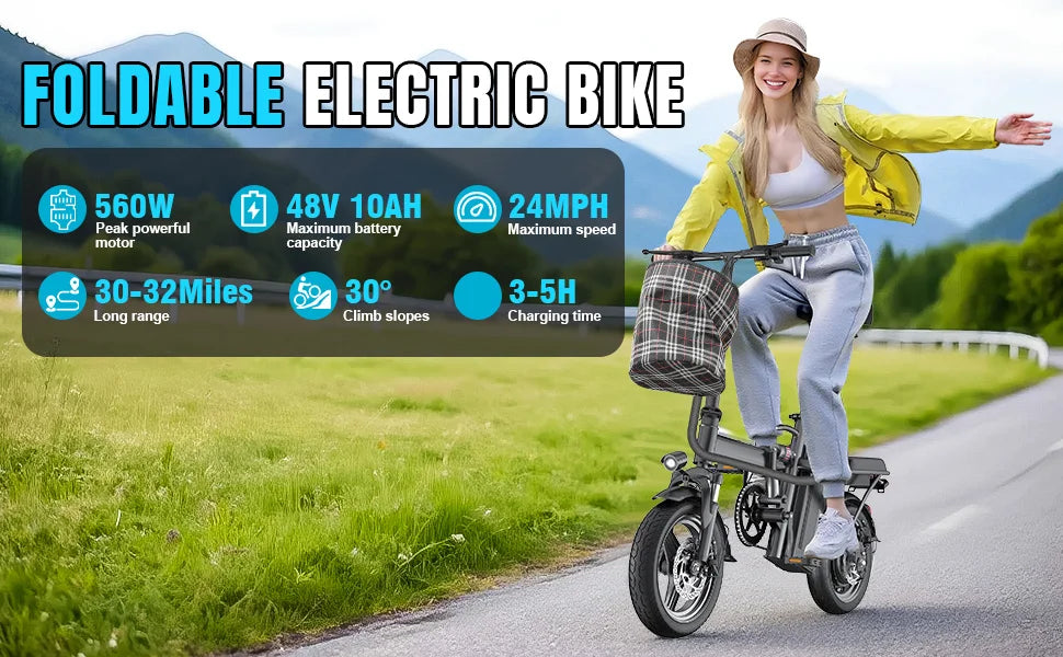 Bicicletas eléctricas para adultos de 560W, 24MPH, batería extraíble de 48V10.4AH, bicicleta eléctrica plegable de 14 pulgadas, bicicleta eléctrica con absorción de impactos múltiple