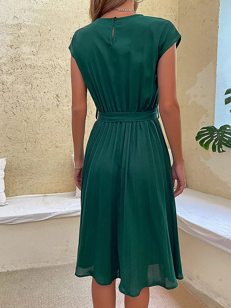 Vestido Midi plisado de manga corta para mujer, Túnica de cuello redondo, elegante, informal, Verano
