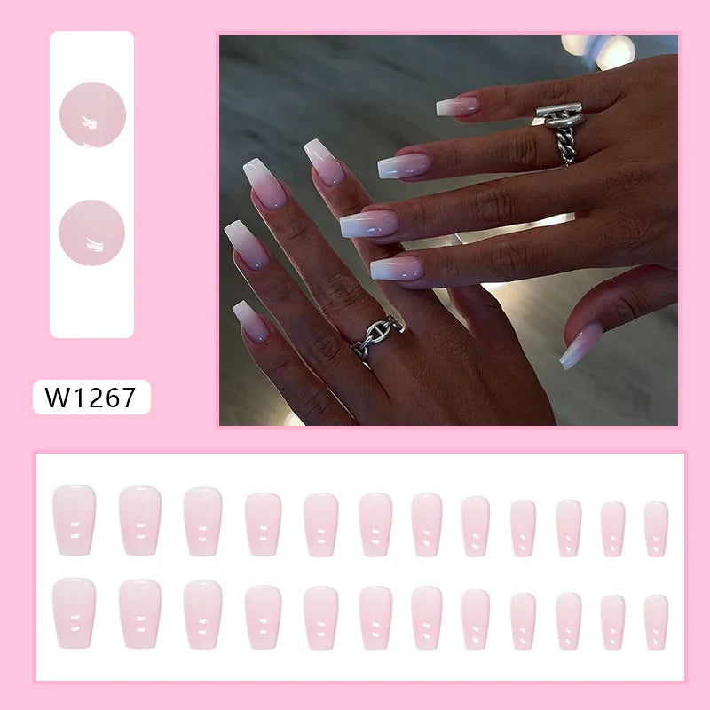Dulce francés 24 Uds. De uñas postizas degradadas rosas, manicura de dedos artificiales brillantes, uñas postizas reutilizables para mujeres