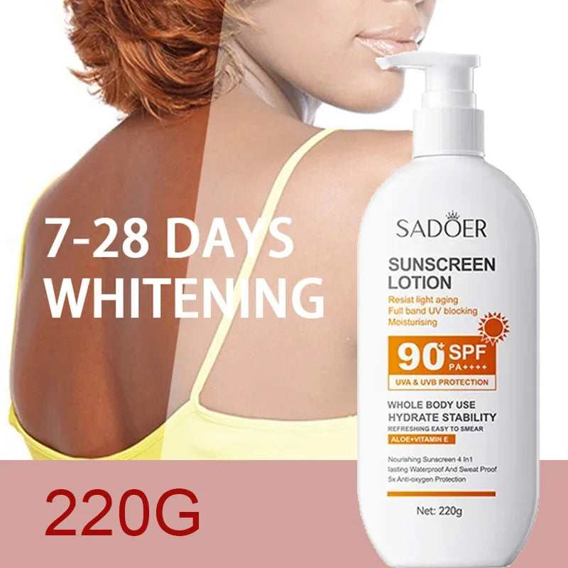Loción solar súper 220ml con vitamina E para el cuerpo y la cara SPF 90 PA++++ Uso del cuerpo entero Protege + Hidratación
