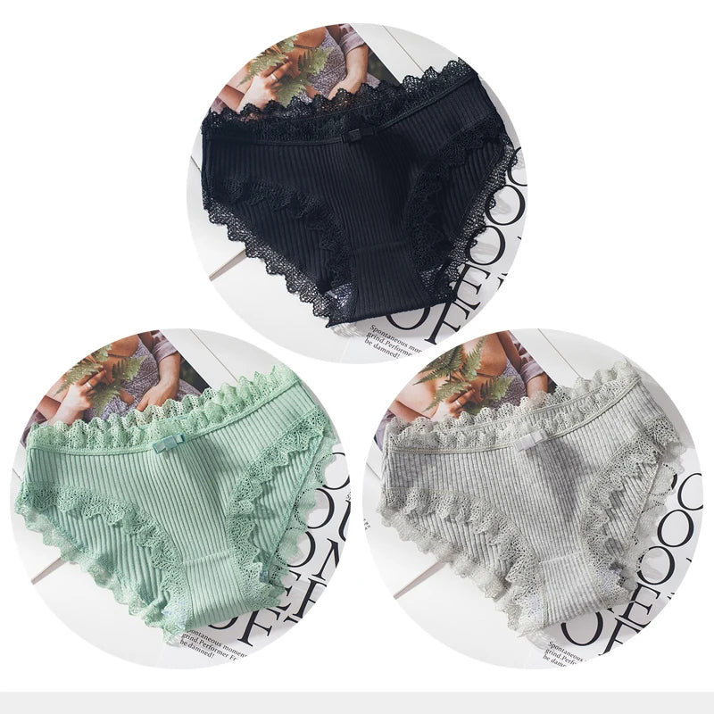 Bragas de algodón para mujer, bragas de encaje sexis, bragas de Color sólido para niñas, juego de ropa interior, ropa interior, Dropshipping 3 unids/lote