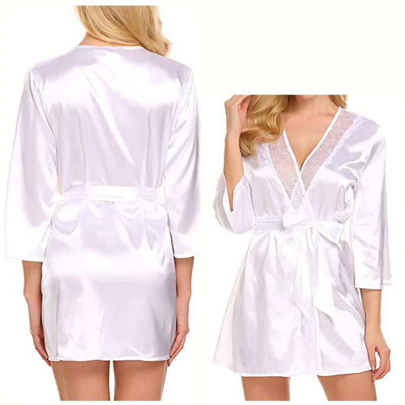 Bata de satén de encaje Sexy para mujer, ropa de dormir, camisón corto, Kimono, albornoz, lencería, camisón, vestido suave y cómodo negro de talla grande