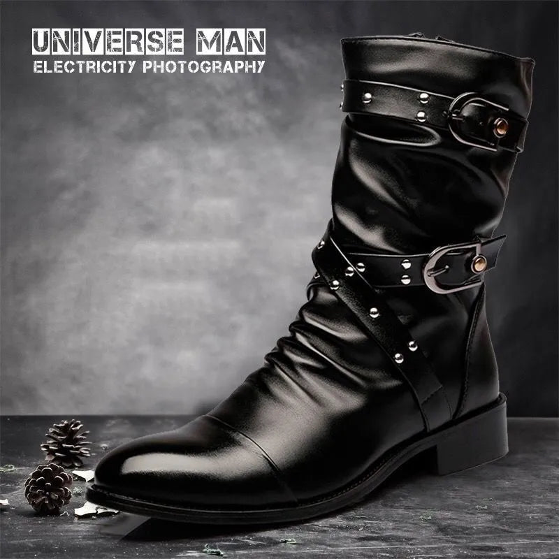 Botas de tubo medio de cuero de alta calidad para hombre, zapatos clásicos de moda para Otoño e Invierno, zapatos Punk Rock negros, informales para hombre y mujer de talla grande 38-48