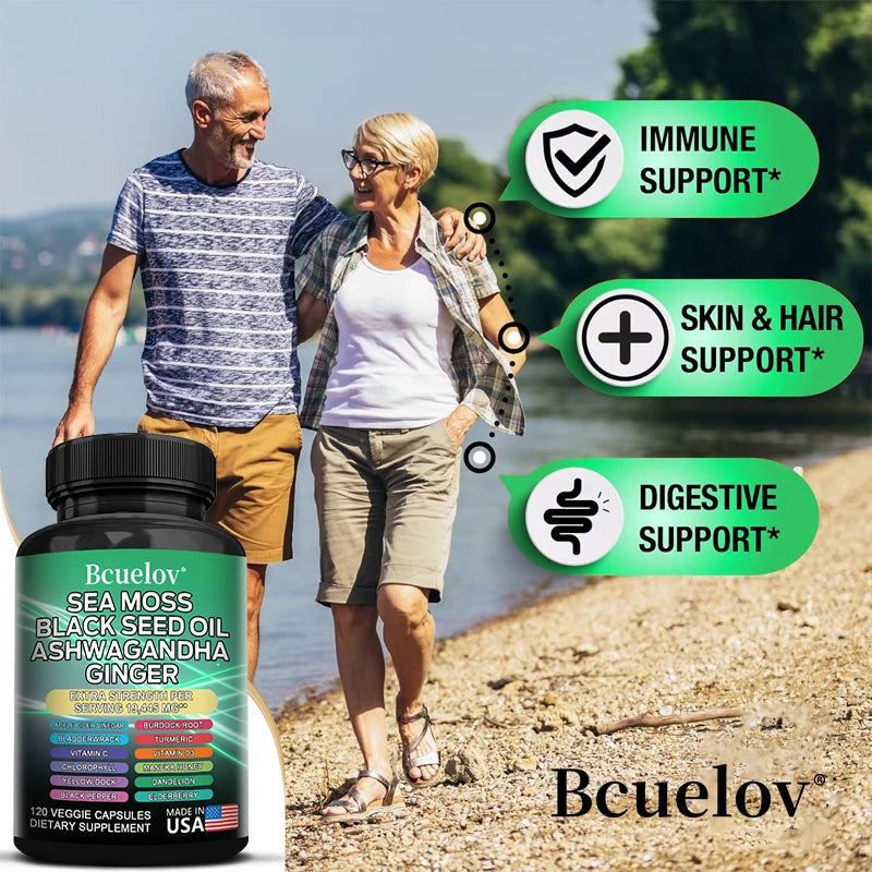 Musgo marino, aceite de semillas negras, ashwagandha, jengibre - Fortalece el sistema inmunitario, promueve la digestión y la salud de las articulaciones, 120 cápsulas
