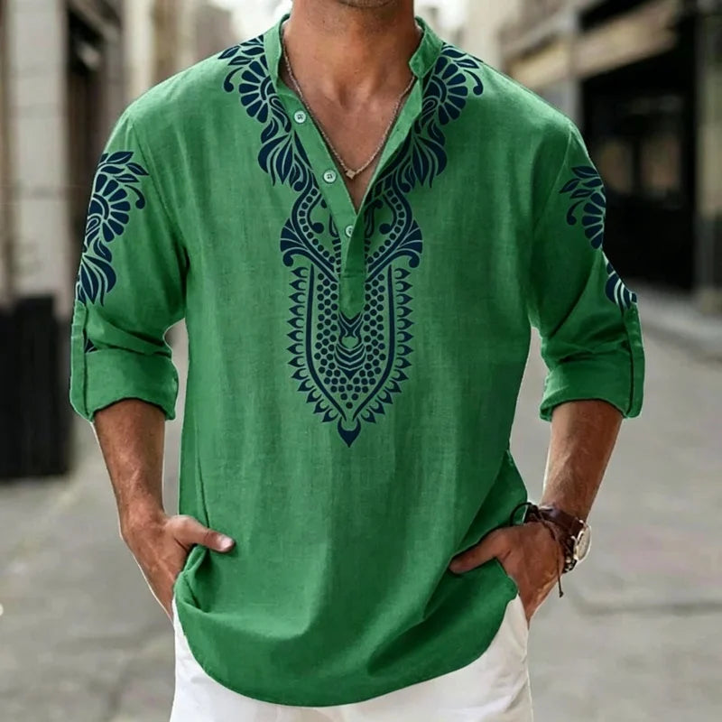 Camisa Henley de Lino para Hombre, Estilo Bohemio, Estampado Étnico Tribal, Manga 3/4, Cuello en V, Corte Holgado Informal, Blusa de Playa