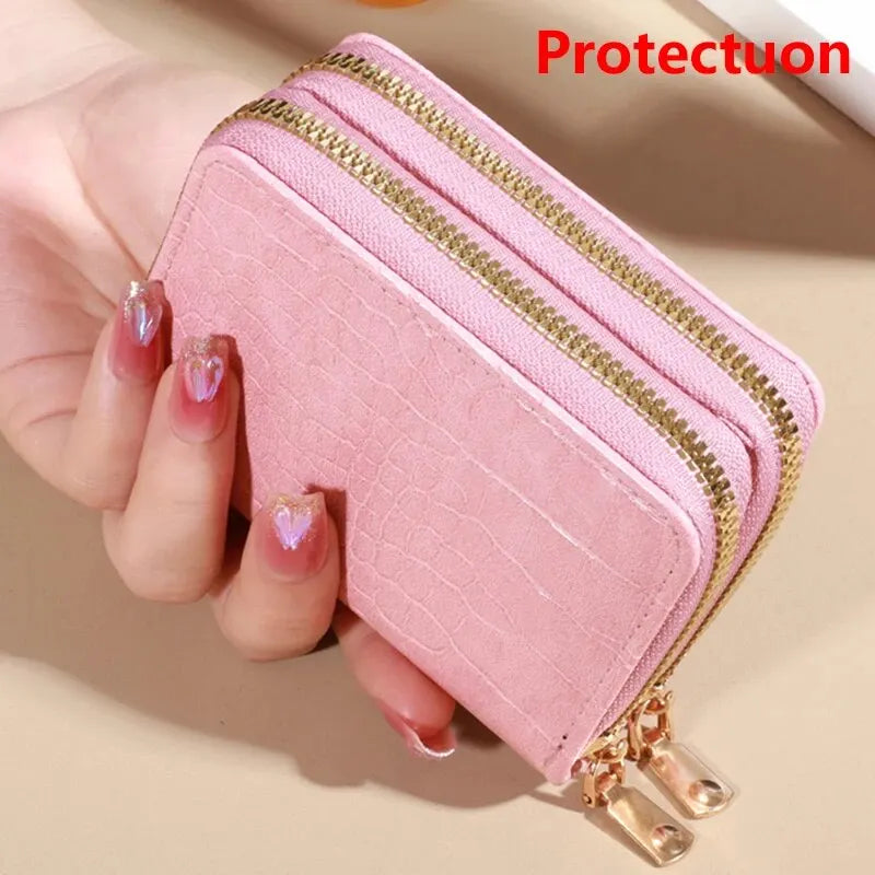 Cartera elegante para mujer con múltiples tarjetas: bolso de mano seguro con doble cremallera |   Monedero casual de cuero PU con bolso de tarjeta de cocodrilo de almacenamiento de estilo